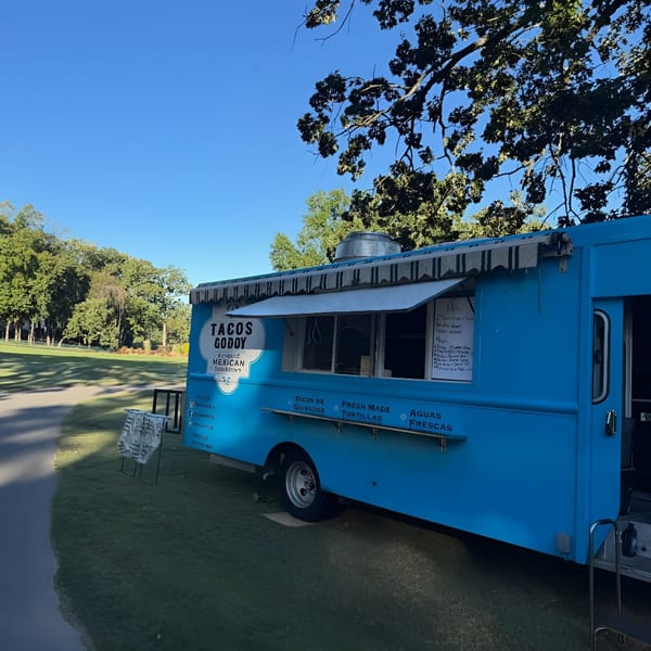 Tacos Godoy blue food truck with awning and menu, parked on grass next to a road.